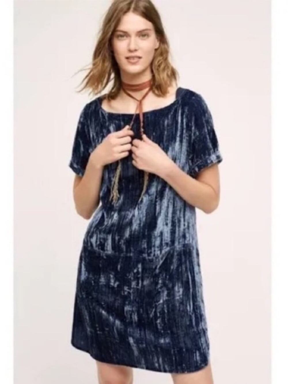 Floreat Anthropologie Blue Crinkle Crushed Velvet Shift Dress S